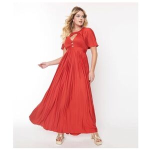 Smak Parlour 1970s Rust Red Pleated Cape Maxi Dress